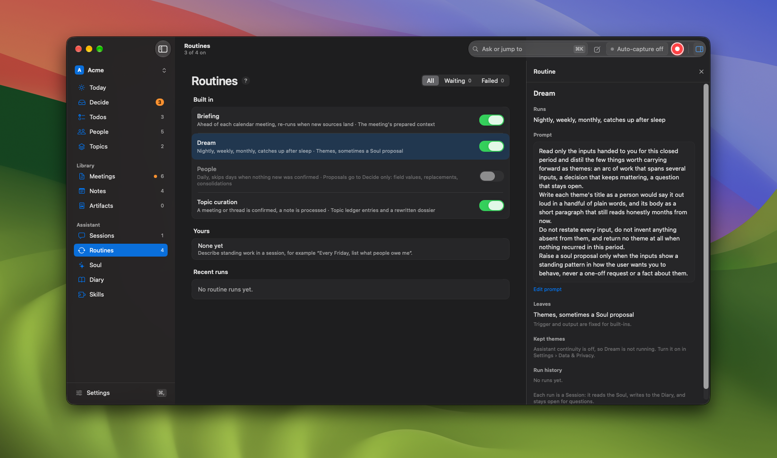The Routines page with a routine's inspector